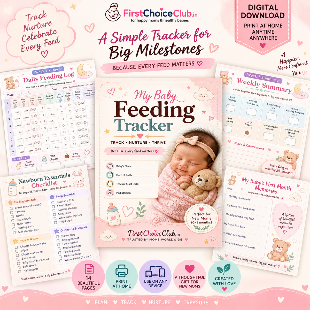 FirstChoiceClub Newborn Feeding Tracker – 4-Week Baby Feeding Log